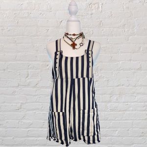 Navy blue and white jailbird overalls